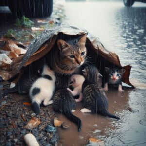 Mamá gata protegiendo a sus cachorros de la lluvia bajo una bolsa de papel marrón. Simboliza la protección animal