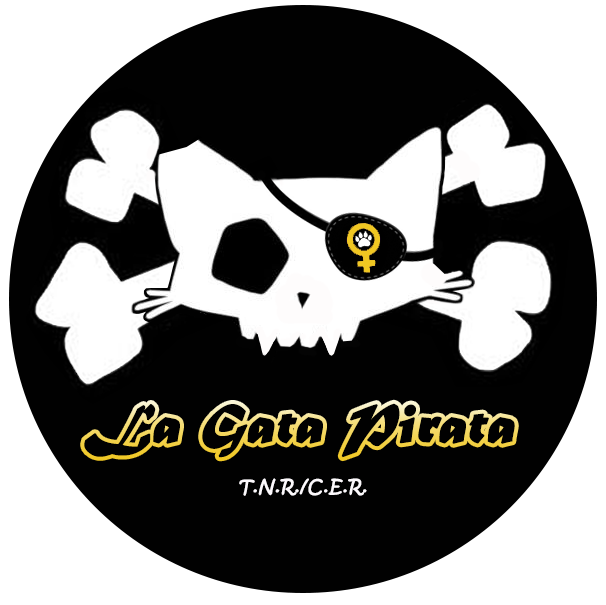 Logo de La Gata Pirata. Una calavera de gato con tibias cruzadas.