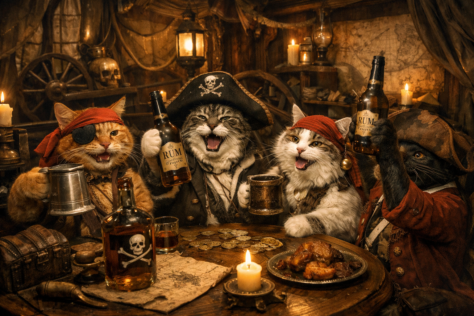 Gatitos pirata celebrando y bebiendo ron